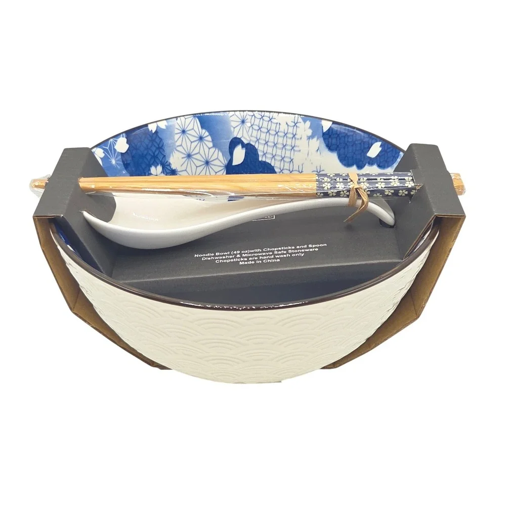 SH Home Blue Floral Ceramic Ramen Noodle Bowl 49oz With Chopsticks And Spoon 4pc